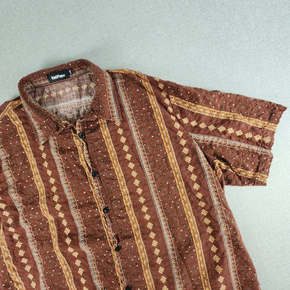 VatPave Mens XXL Brown Geometric Floral Vertical Stripe Short Sleeve Button Down